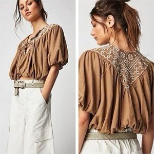 Free People Tan Embroidered Blouse
